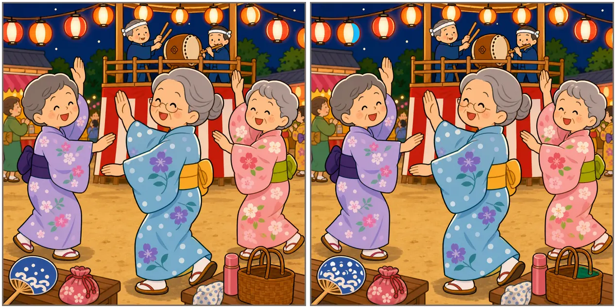 間違い探し第1回 第1問 盆踊りを楽しむおばあちゃんたちのイラスト2枚
