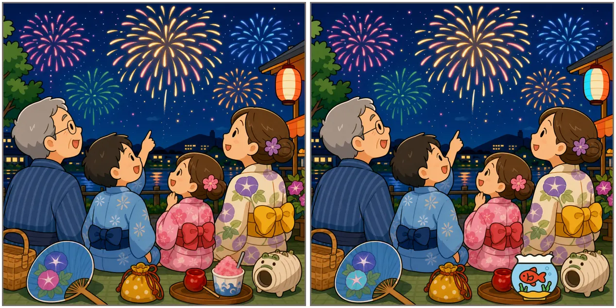 間違い探し第1回 第3問 花火を見上げる浴衣姿の家族のイラスト2枚