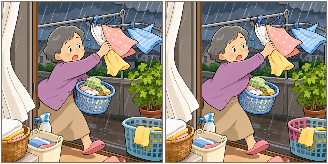間違い探し第2回 第3問 夕立の中、あわてて洗濯物を取り込むお母さんのイラスト2枚