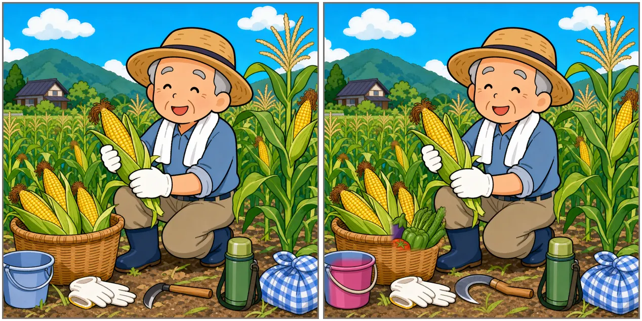 間違い探し第4回 第2問 田舎の畑でトウモロコシを収穫しているおじいちゃんのイラスト2枚